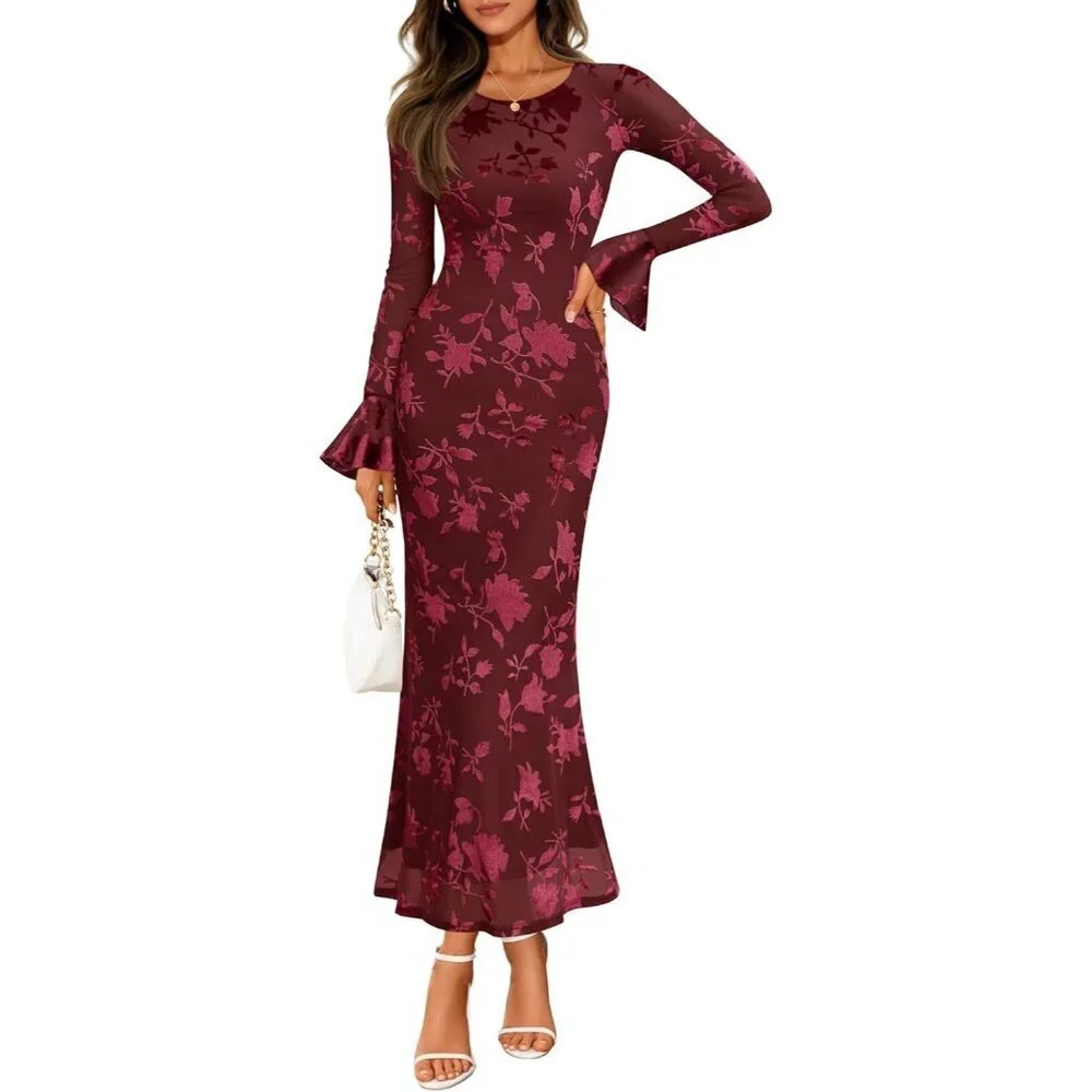 Women's Wine Long Sleeve Spring Fashion Bodycon Mesh Floral Maxi Dress